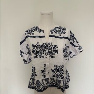 CeCe Navy and White Floral Blouse